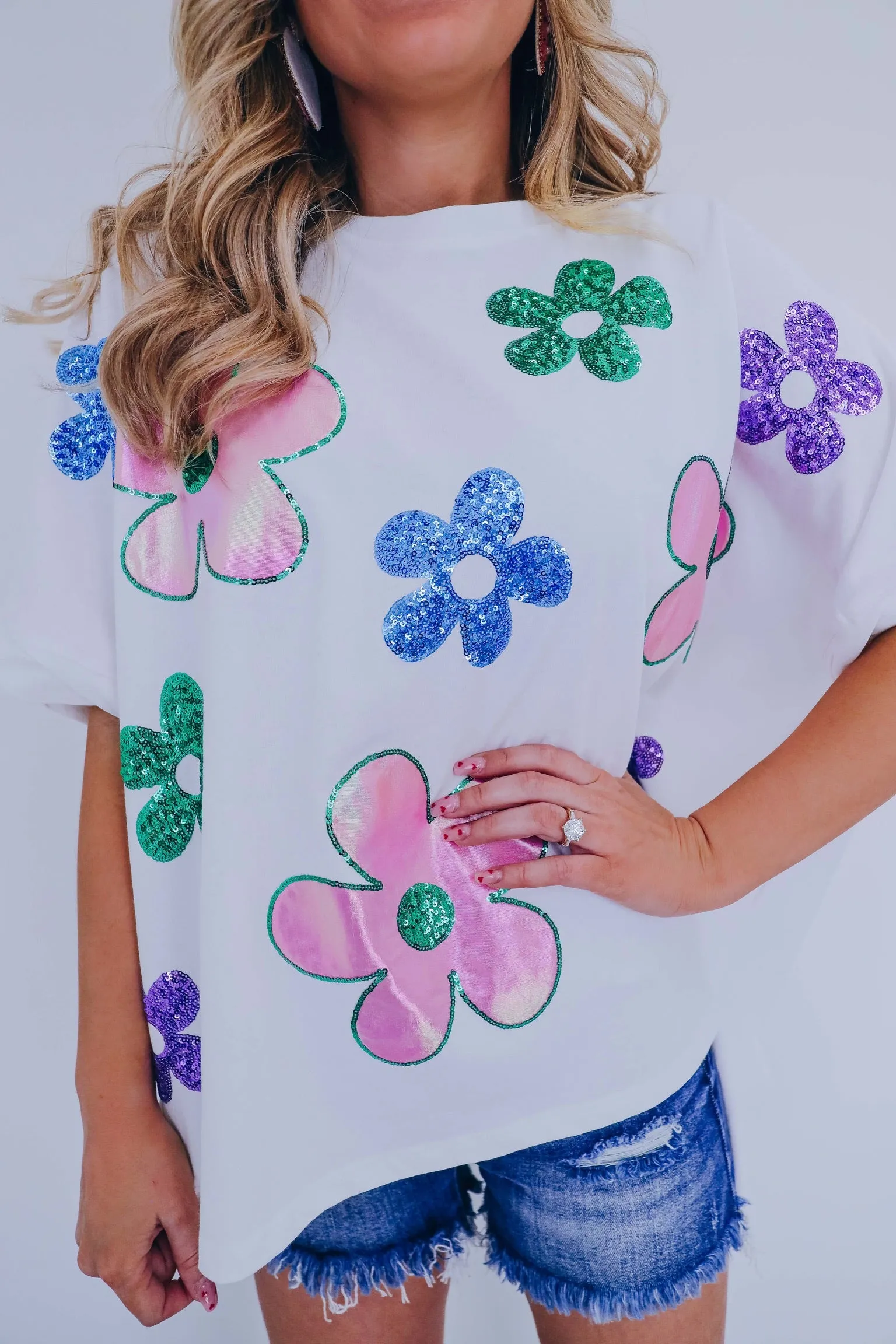 Mod Floral Sequin Patch Oversized Top - 2 Colors