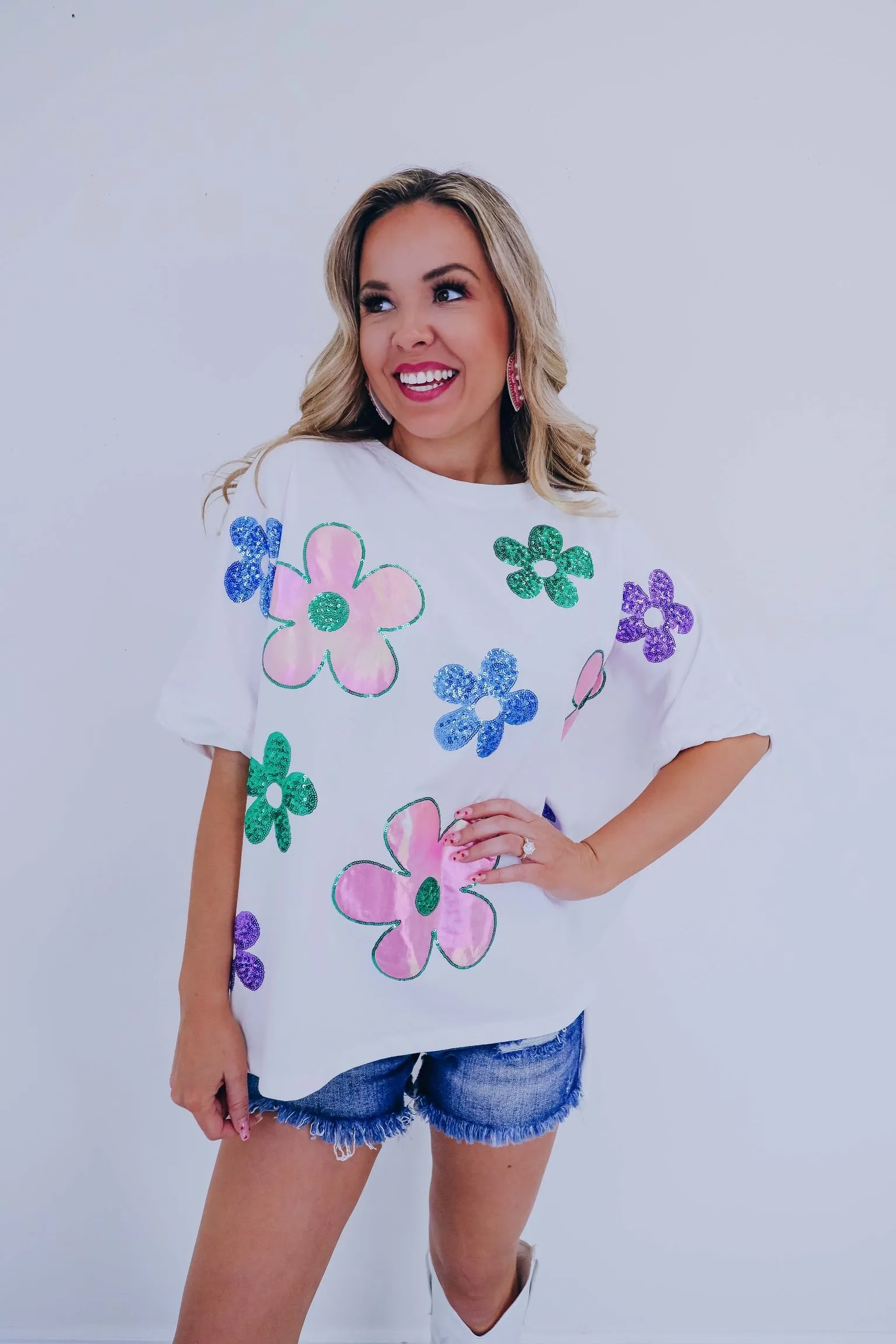 Mod Floral Sequin Patch Oversized Top - 2 Colors