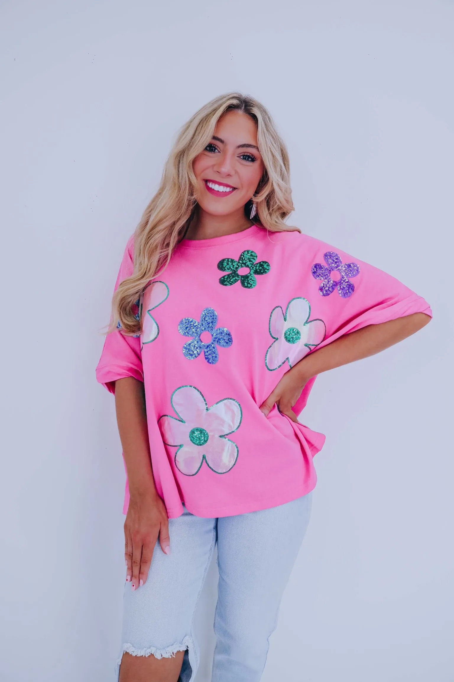 Mod Floral Sequin Patch Oversized Top - 2 Colors