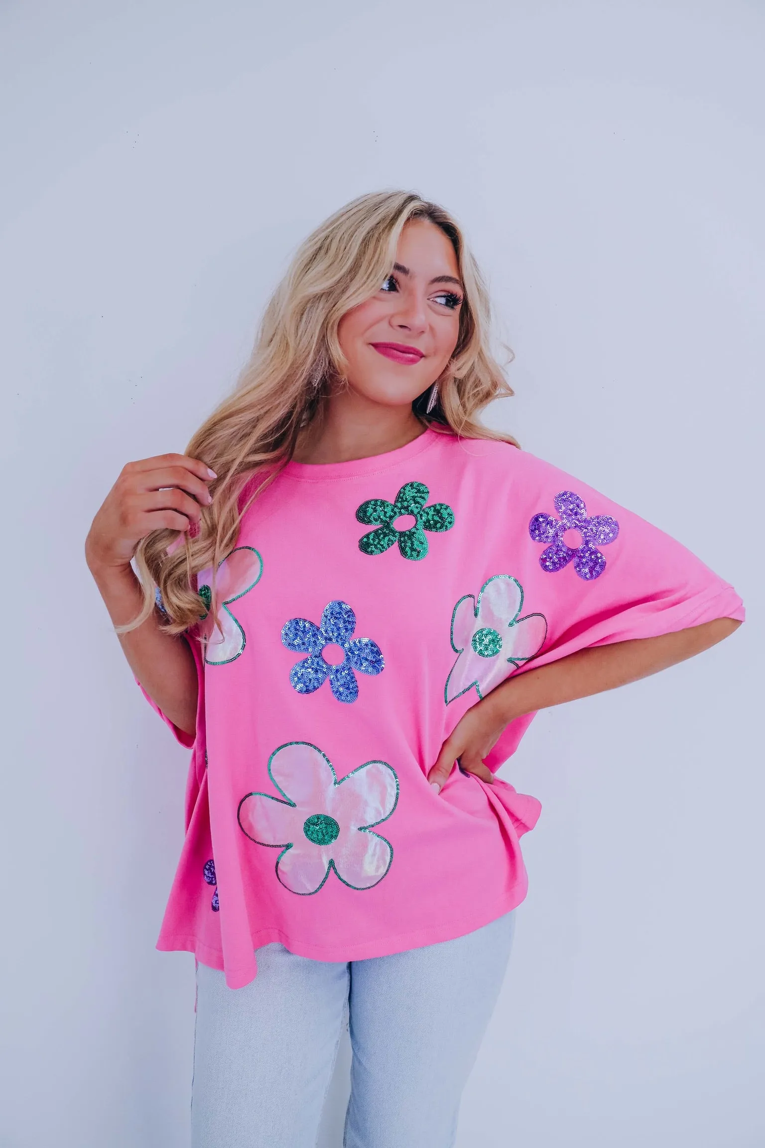 Mod Floral Sequin Patch Oversized Top - 2 Colors