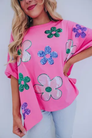 Mod Floral Sequin Patch Oversized Top - 2 Colors