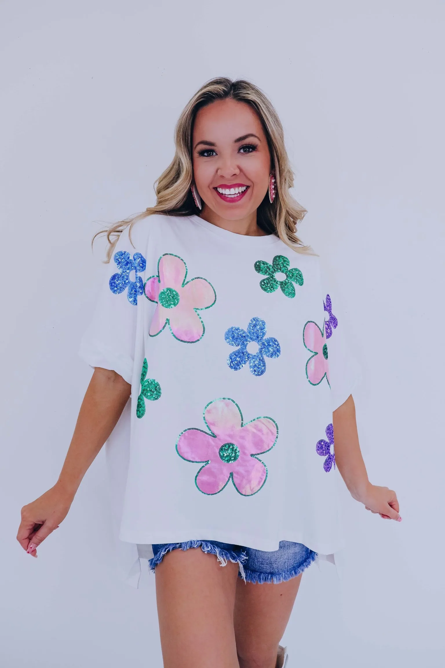 Mod Floral Sequin Patch Oversized Top - 2 Colors