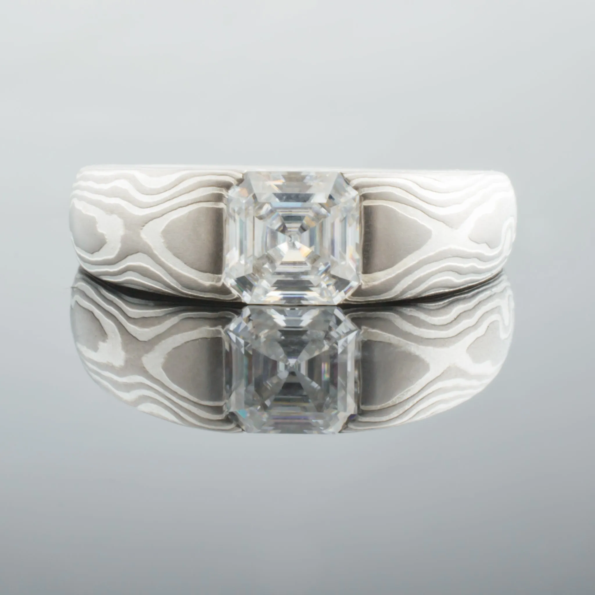 Mokume Gane Ring in Ash Palette w/ Cathedral Set Diamond and Woodgrain Pattern