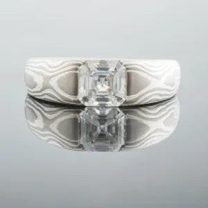 Mokume Gane Ring in Ash Palette w/ Cathedral Set Diamond and Woodgrain Pattern
