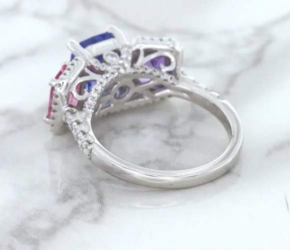 Multicolor Sapphire Ring with Diamond Halo in 18K White Gold