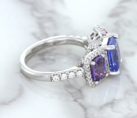 Multicolor Sapphire Ring with Diamond Halo in 18K White Gold