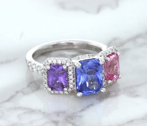 Multicolor Sapphire Ring with Diamond Halo in 18K White Gold
