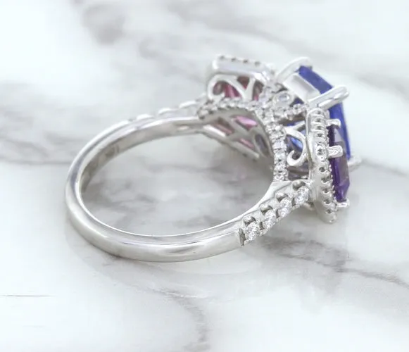 Multicolor Sapphire Ring with Diamond Halo in 18K White Gold