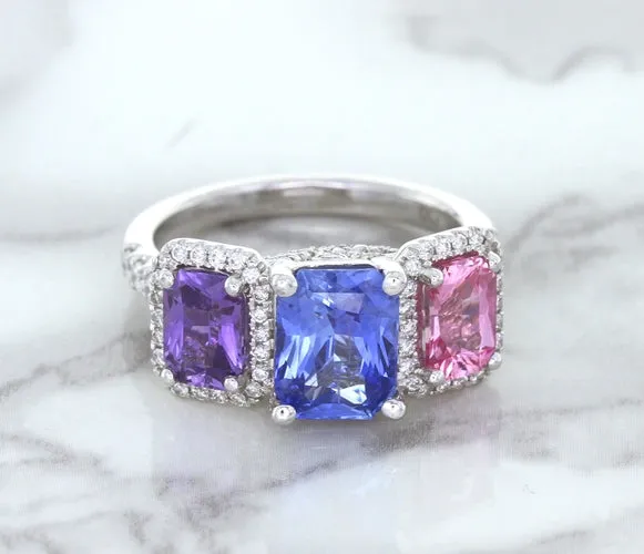 Multicolor Sapphire Ring with Diamond Halo in 18K White Gold