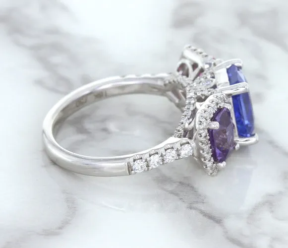 Multicolor Sapphire Ring with Diamond Halo in 18K White Gold