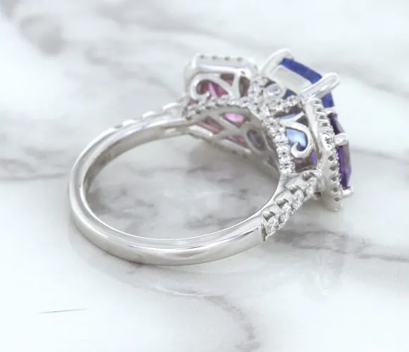 Multicolor Sapphire Ring with Diamond Halo in 18K White Gold