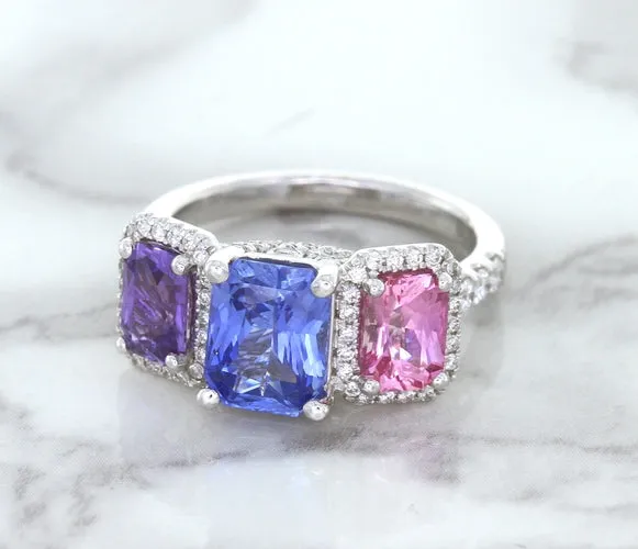 Multicolor Sapphire Ring with Diamond Halo in 18K White Gold
