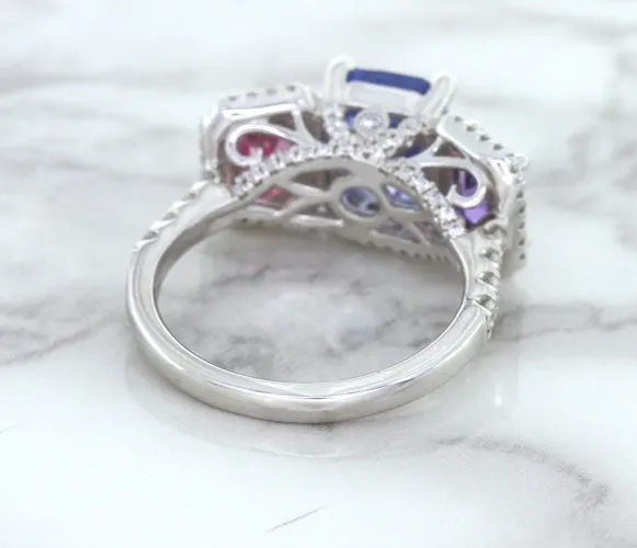 Multicolor Sapphire Ring with Diamond Halo in 18K White Gold