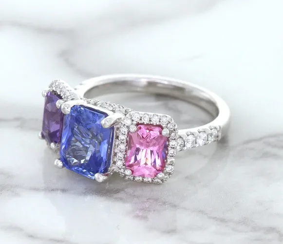 Multicolor Sapphire Ring with Diamond Halo in 18K White Gold