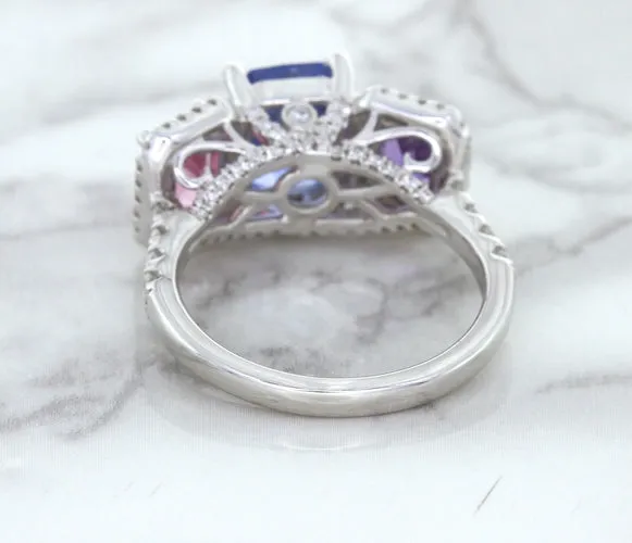Multicolor Sapphire Ring with Diamond Halo in 18K White Gold