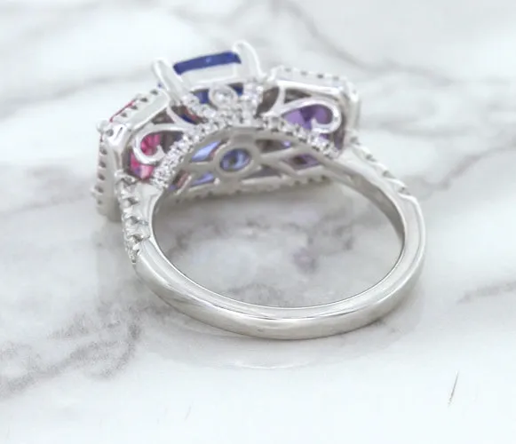 Multicolor Sapphire Ring with Diamond Halo in 18K White Gold
