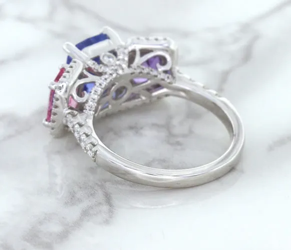 Multicolor Sapphire Ring with Diamond Halo in 18K White Gold