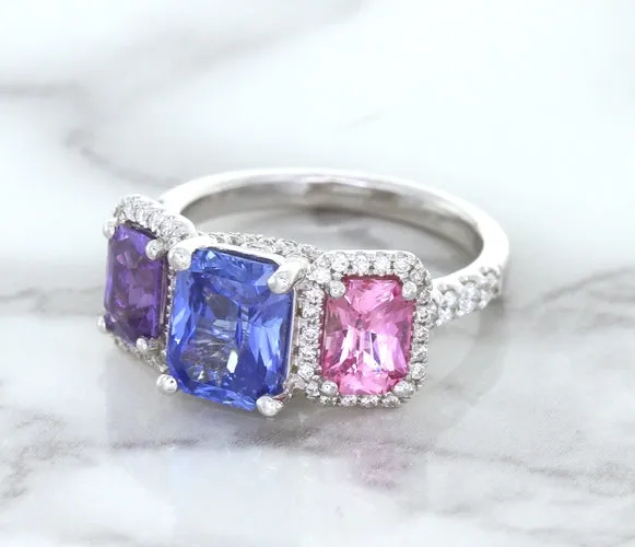 Multicolor Sapphire Ring with Diamond Halo in 18K White Gold