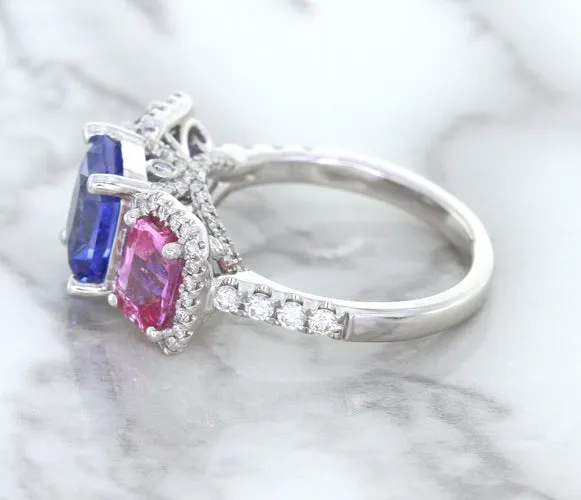 Multicolor Sapphire Ring with Diamond Halo in 18K White Gold