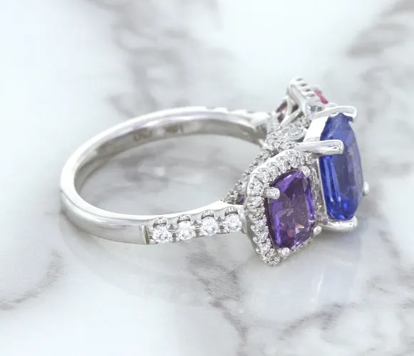 Multicolor Sapphire Ring with Diamond Halo in 18K White Gold
