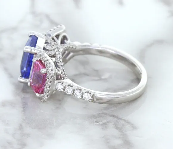 Multicolor Sapphire Ring with Diamond Halo in 18K White Gold