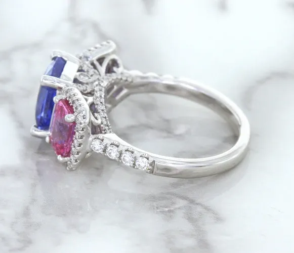 Multicolor Sapphire Ring with Diamond Halo in 18K White Gold