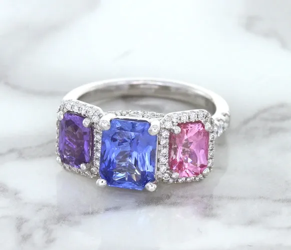 Multicolor Sapphire Ring with Diamond Halo in 18K White Gold