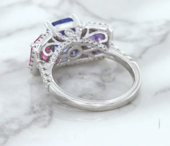 Multicolor Sapphire Ring with Diamond Halo in 18K White Gold