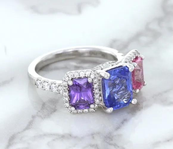 Multicolor Sapphire Ring with Diamond Halo in 18K White Gold