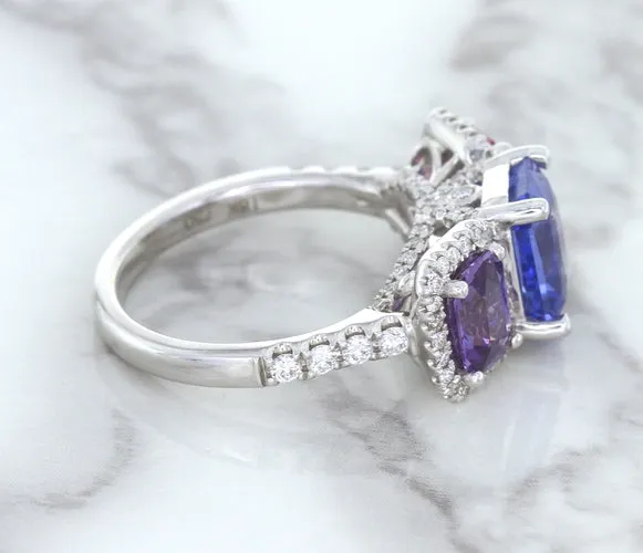 Multicolor Sapphire Ring with Diamond Halo in 18K White Gold