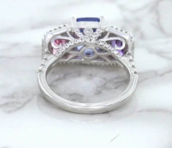 Multicolor Sapphire Ring with Diamond Halo in 18K White Gold