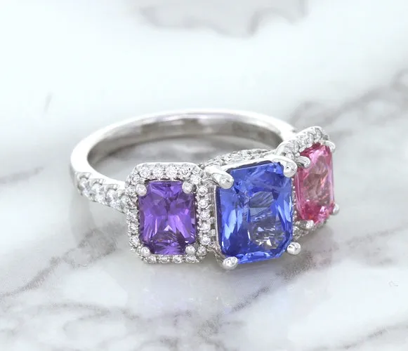 Multicolor Sapphire Ring with Diamond Halo in 18K White Gold