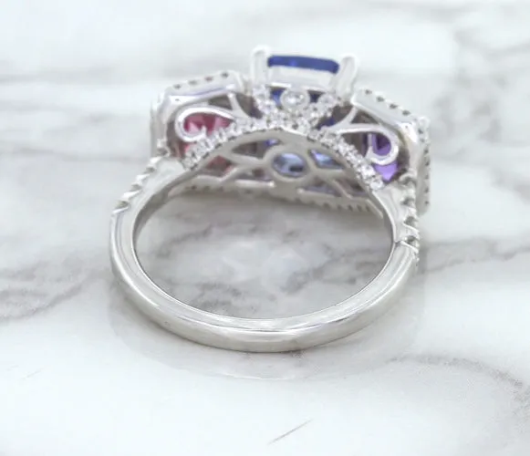 Multicolor Sapphire Ring with Diamond Halo in 18K White Gold