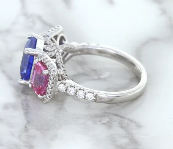 Multicolor Sapphire Ring with Diamond Halo in 18K White Gold