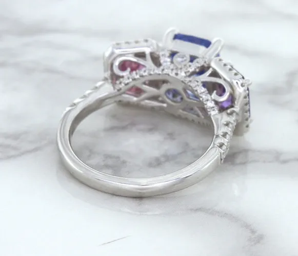 Multicolor Sapphire Ring with Diamond Halo in 18K White Gold