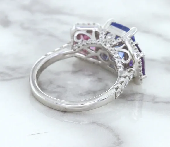 Multicolor Sapphire Ring with Diamond Halo in 18K White Gold