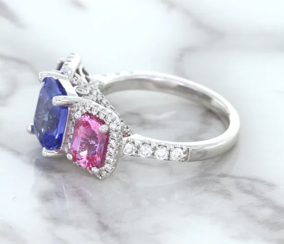 Multicolor Sapphire Ring with Diamond Halo in 18K White Gold