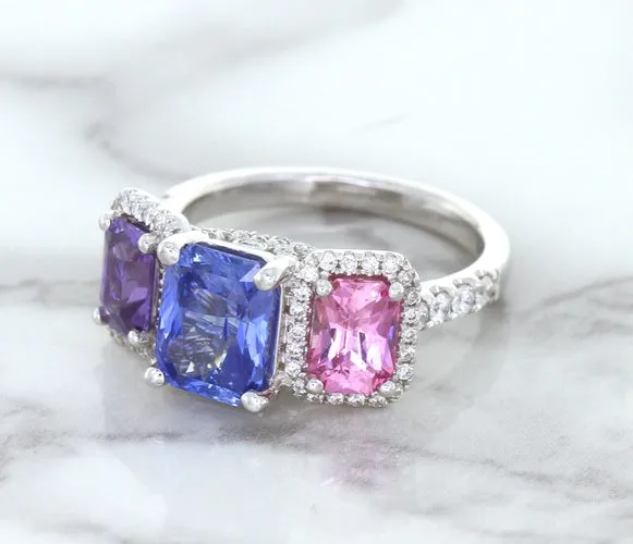 Multicolor Sapphire Ring with Diamond Halo in 18K White Gold