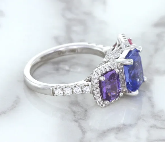 Multicolor Sapphire Ring with Diamond Halo in 18K White Gold