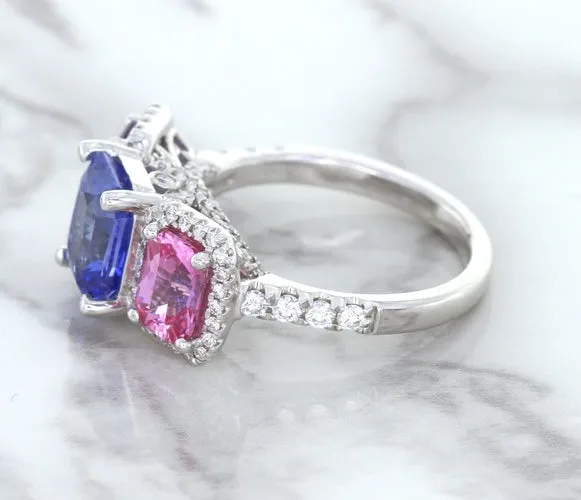 Multicolor Sapphire Ring with Diamond Halo in 18K White Gold