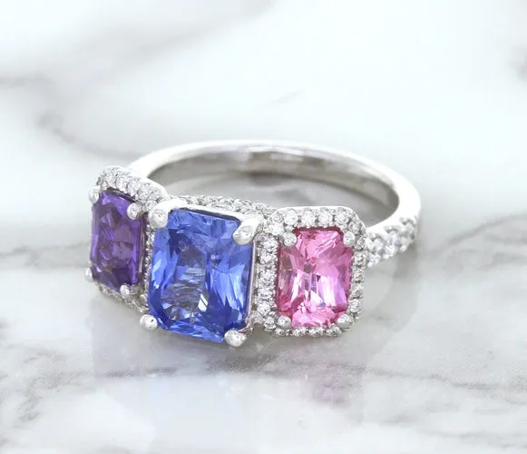 Multicolor Sapphire Ring with Diamond Halo in 18K White Gold
