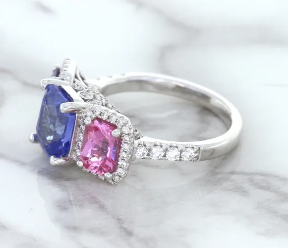 Multicolor Sapphire Ring with Diamond Halo in 18K White Gold