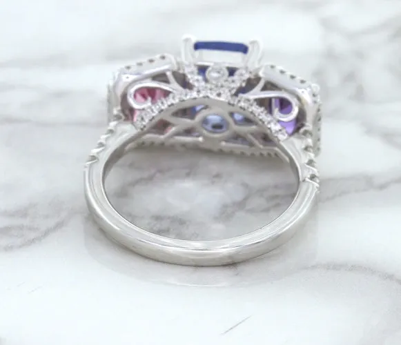 Multicolor Sapphire Ring with Diamond Halo in 18K White Gold