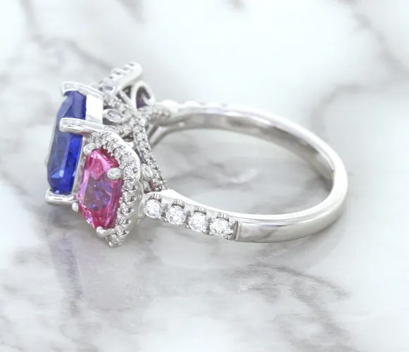 Multicolor Sapphire Ring with Diamond Halo in 18K White Gold