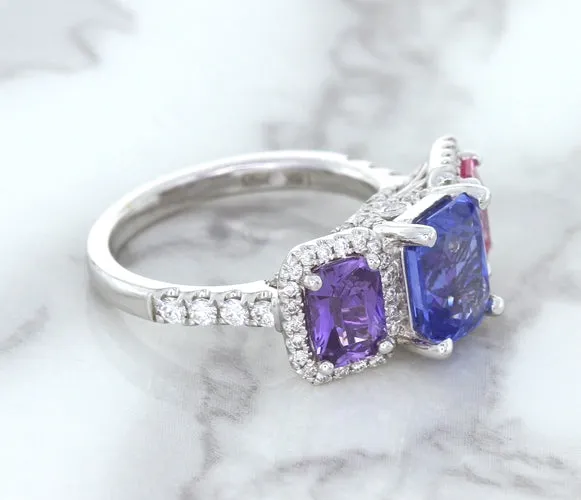 Multicolor Sapphire Ring with Diamond Halo in 18K White Gold
