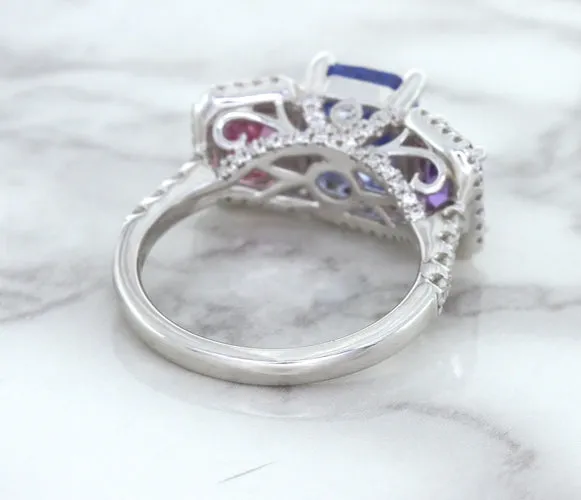 Multicolor Sapphire Ring with Diamond Halo in 18K White Gold