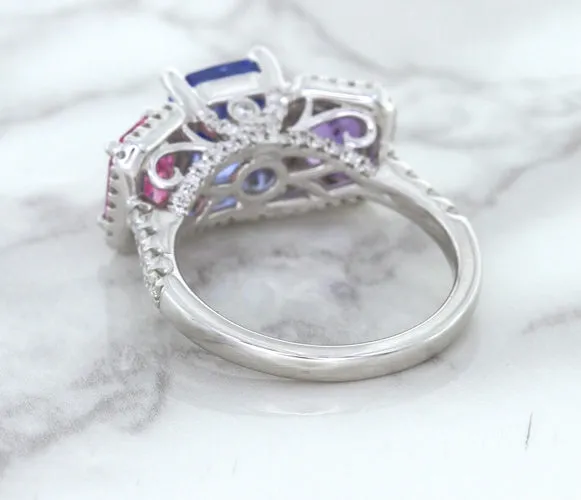 Multicolor Sapphire Ring with Diamond Halo in 18K White Gold