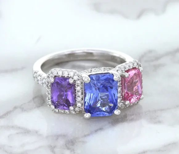 Multicolor Sapphire Ring with Diamond Halo in 18K White Gold
