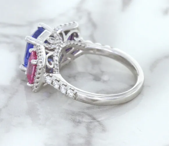 Multicolor Sapphire Ring with Diamond Halo in 18K White Gold