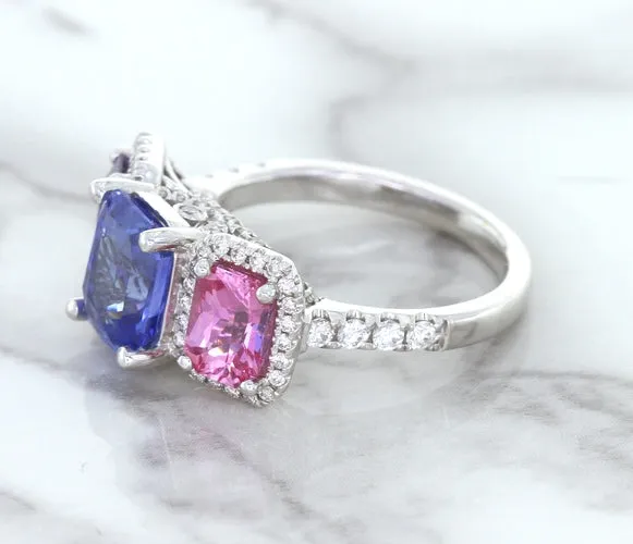 Multicolor Sapphire Ring with Diamond Halo in 18K White Gold
